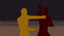 a yellow figure is standing next to a red figure in a blurry picture .