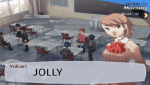a girl named yukari stands in front of a classroom full of people and says jolly