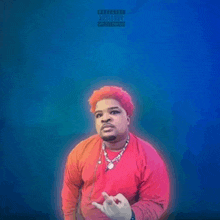 a man with red hair and a necklace on a blue background with advisory written on it