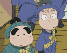 two cartoon characters are standing next to each other