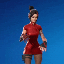 a woman in a red dress and headphones is standing on a blue background .