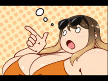 a cartoon of a woman in a bikini pointing at something with a thought bubble that says точно