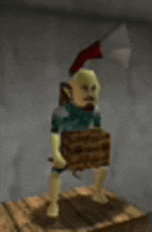 a 3d rendering of a goblin holding a wooden box and a flag .