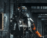 a close up of a robot 's head with a camera .