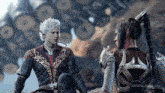 a man and a woman are talking in front of a pile of logs in a video game .