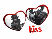 a couple of hearts with the word kiss in red