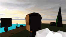 a computer generated image of a person standing in front of a lake