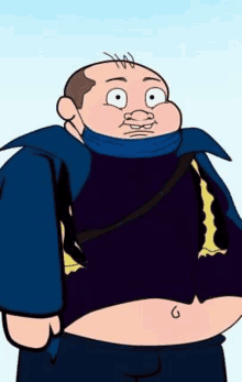 a cartoon man with a very large belly is wearing a blue jacket and scarf .