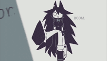 a black and white drawing of a person with the word boom written on the bottom