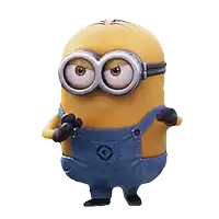 a yellow minion wearing blue overalls and goggles looks angry