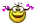 a yellow smiley face with purple flowers in its hair is smiling .