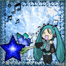 a picture of hatsune miku with a star and music notes behind her