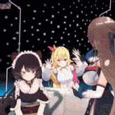 a group of anime girls are standing next to each other and one of them is wearing a maid costume