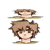 a drawing of a person looking up with a serious look on their face .