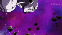 a cartoon character is flying through the air with a purple background and a yellow light coming out of his mouth .