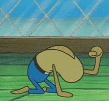 a cartoon character is kneeling down on the floor .