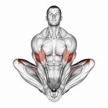a man is sitting in a lotus position with his legs crossed and muscles highlighted