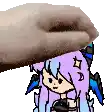 a cartoon of a girl with purple hair and blue wings is being held by a hand .