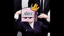 a pixel art of a man in a suit holding a pink box with the word jooce on it