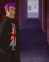 a man with purple hair is wearing a black cape and a british flag shirt