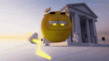 a yellow smiley face is holding a lightning bolt