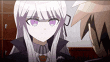 a girl with long white hair and purple eyes is looking at a boy with brown hair .