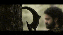 a man with a beard is standing next to a tree with a sword .