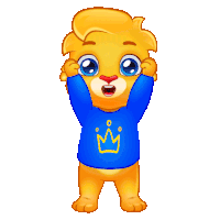 a cartoon lion wearing a blue shirt with a yellow crown on the front