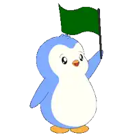 a blue and white penguin is holding a small green flag