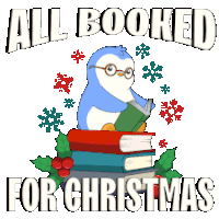 a penguin is sitting on top of a stack of books with the words all booked for christmas