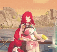 a girl with red hair has the number 8 on her waist