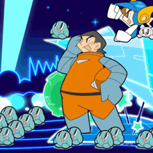 a cartoon drawing of a man in an orange suit standing next to a robot