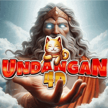 an ad for undangan 4d shows a bearded man holding a cat