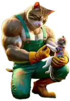 a man with a cat 's head is kneeling down holding a kitten