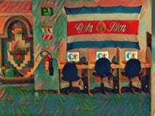 a painting of a computer room with a costa rica flag