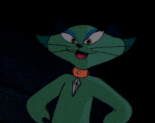 a green cartoon cat with a collar around its neck