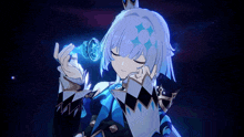 a girl with blue hair is holding a blue object in her hand