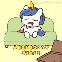 a cartoon of a unicorn sitting on a couch with the words wednesday vibes written below it