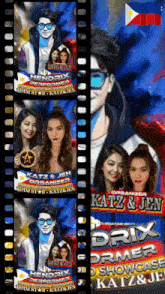 a poster for katz & jen shows a man with glasses and three women
