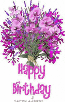 a bouquet of purple flowers with the words happy birthday on it