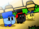 three cartoon characters are standing next to each other with one wearing a top hat