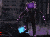 a robot with a purple box on its head is fighting another robot