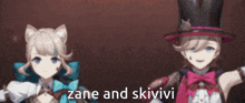 a couple of anime characters standing next to each other with the words " zane and skivivi " written below them