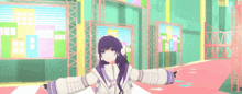 a girl with purple hair is standing with her arms outstretched in front of a city