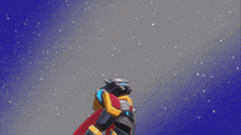 a robot holding a sword and shield against a starry background