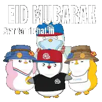 a group of penguins standing next to each other with the words " eid mubarak " written on the bottom
