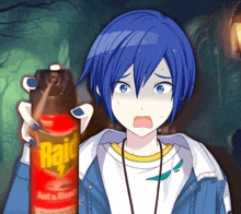 a boy with blue hair is holding a can of raid