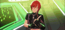 a girl with red hair and black gloves is standing in front of a green background