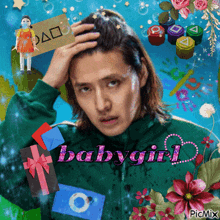 a man in a green jacket with the word babygirl on the bottom