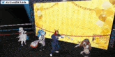 a pixel art drawing of a group of people dancing in front of a large yellow sign that says good time guys